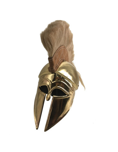 Casco griego corintio dorado con penacho