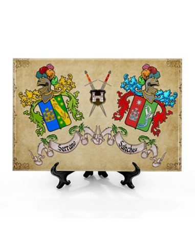 Heraldische schilden tegel met 2 achternamen met achtergrond (30x20 cm.)