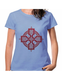 Blaues Keltisches Kreuz-T-Shirt für Damen, kurzärmlig