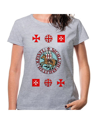 Camiseta Mujer Gris Templarios con cruces, manga corta