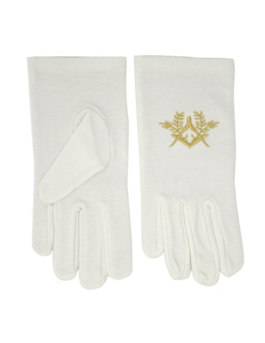 Frimureriske hvide handsker med firkant og kompas broderet i guld