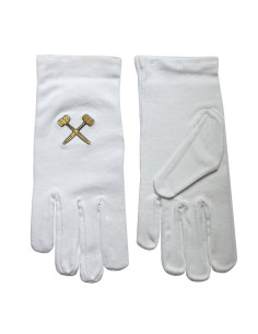 Guantes blancos masónicos con mazos bordados en dorado