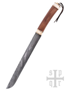 Cuchillo damasco vikingo Seax, puño nuez y hueso