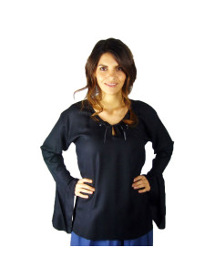 Zwarte middeleeuwse blouse met trompetmouwen