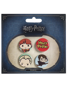 Set van 4 badges, Ron, Draco, Harry en Harry Potter logo