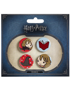 Set van 4 badges, Hermelien, Boek, Hoed en Hermelien op...