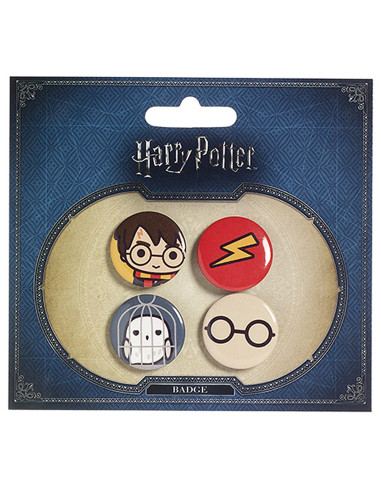 Set de 4 insignias, Harry, Hedwig, Gafas y Marca
