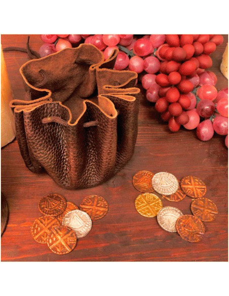Bolso vikingo de cuero con 8 monedas