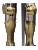 Armadura natural plateada y dorada con grabados, traje granate y espada entre las manos