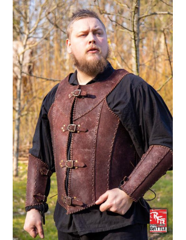 Middelalderlig læderrustning Veteran Warrior, brun ⚔️ Tienda Medieval Størrelse