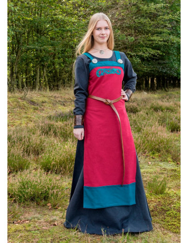 Vestido delantal vikingo rojo Hilja con bordados