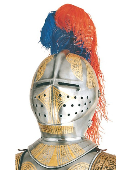 Armadura natural plateada con grabados dorados y espada entre las manos