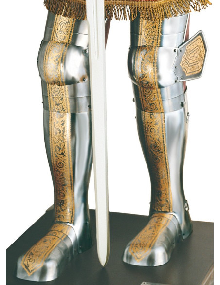 Zilver natuurlijk pantser met gouden gravures en zwaard in de handen