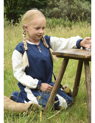 Vestido vikingo niña, Solveig azul-blanco