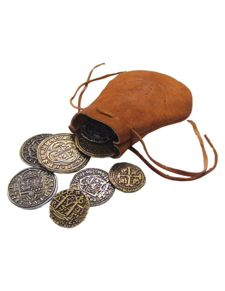 Ledertasche mit 8 spanischen Münzen Ledertasche mit 8 spanischen Münzen