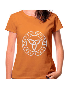 Orangefarbenes Trisqueta Celtic T-Shirt für Damen, kurzärmlig