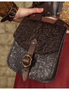 Bolso medieval Beatriz en cuero repujado marrón oscuro