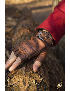 Guantes Celtas de cuero marrón, cierre hebilla