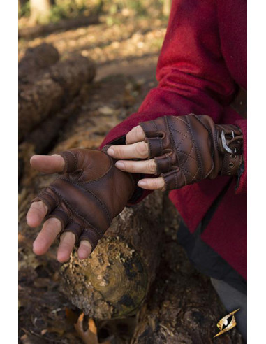 Guantes Celtas de cuero marrón, cierre hebilla
