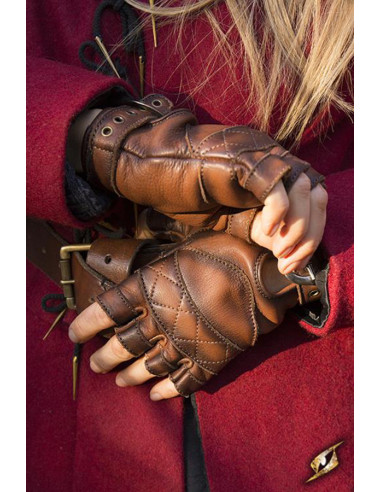 Guantes Celtas de cuero marrón, cierre hebilla