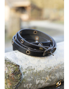 Multistrop armbånd i sort læder, 125 cm.