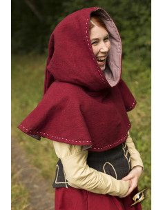 Capucha medieval con cubrehombros, color rojo oscuro