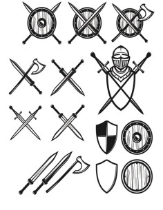 Tatuaje temporal con tipos de espadas y escudos medievales