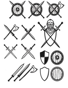 Tijdelijke tattoo met soorten zwaarden en middeleeuwse schilden