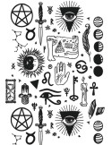 Tijdelijke tattoo met middeleeuwse en esoterische iconen