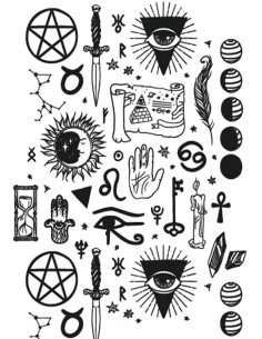 Tatuaje temporal con iconos medievales y esotéricos