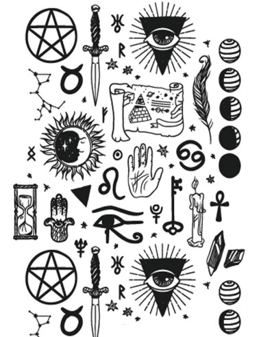 Midlertidig tatovering med middelalderlige og esoteriske ikoner