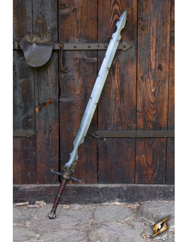Tweehandig zwaard met latex inkepingen voor LARP, 135 cm.