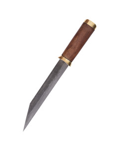 Seax kniv damaskus stålblad, brun ruskindsskede