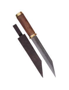 Seax kniv damaskus stålblad, brun ruskindsskede 2