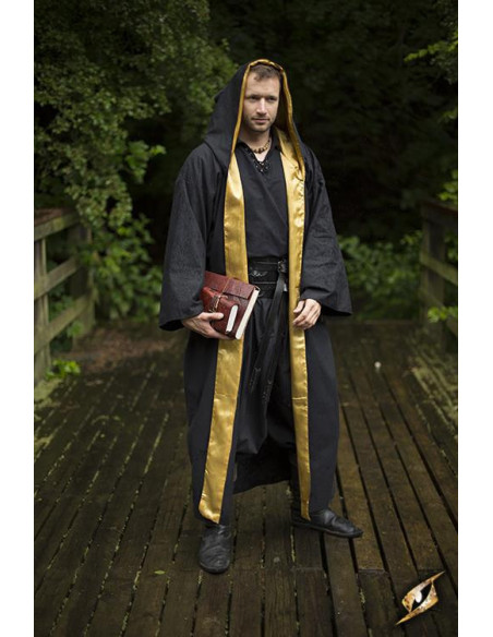 Troldmandskåbe med hætte, sort-guld