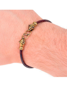 Vikingarmband in bruin leer en bronzen wezelkop