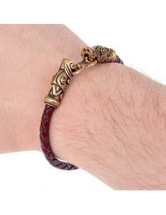 Pulsera trenzada vikinga Gotland bronce en cuero marrón 2
