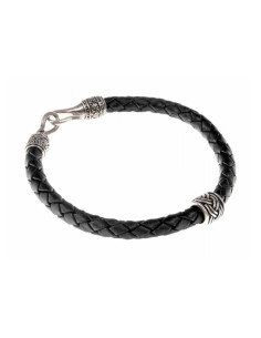 Pulsera trenzada vikinga con abalorios plateados en cuero negro
