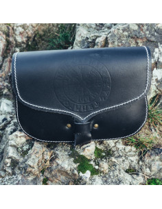 Riñonera vikinga de cuero Folkvar con Vegvisir, color negro