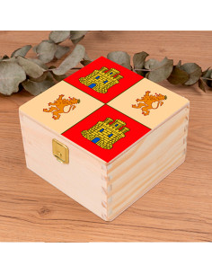 Mittelalterliche Holzkiste mit Schild von Castilla y León