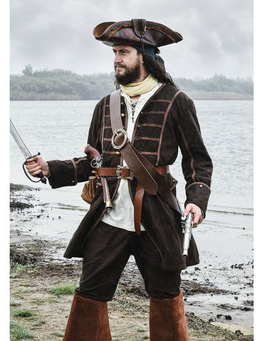 Cinturón pirata de cuero con tahalí y hebilla redonda