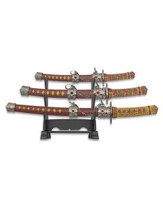 Set mit 3 dekorativen Mini-Katanas mit Halterung