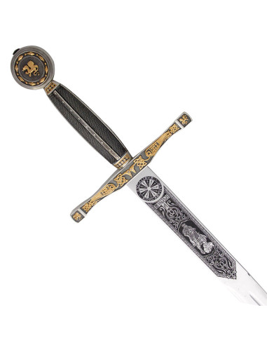 Espada Excalibur en acabados plateados y dorados, fabricada en Toledo-España