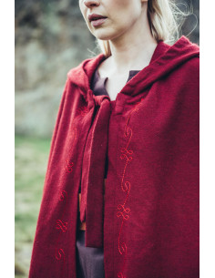 Capa medieval de lana roja con bordados a mano, modelo Alma 2