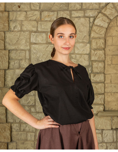 Elisa mittelalterliche Bluse mit kurzen Ärmeln, schwarze Farbe, mit vorderer Schleife