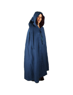 Capa azul de lana medieval con bordados a mano, modelo Alma