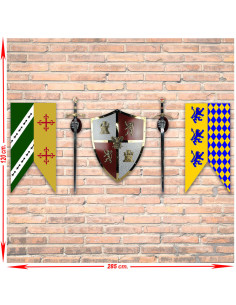 Panoplia medieval Castilla y León con espadas, estandartes y escudo