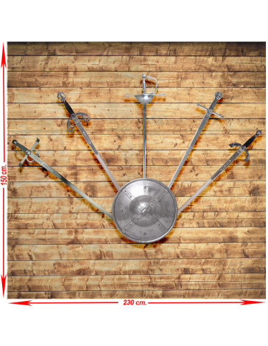 Panoply (1) med fem rigtige og historiske middelalderlige sværd med skjold