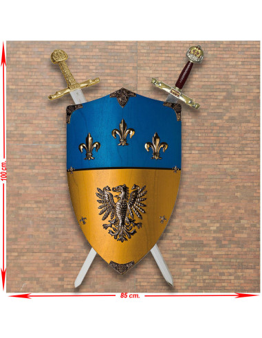 Panoply van CarloMagno Deluxe, koning van de Franken, met zijn schild en zwaarden