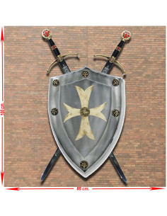 Panoplia rústica de los Caballeros Cruzados con escudo y espadas